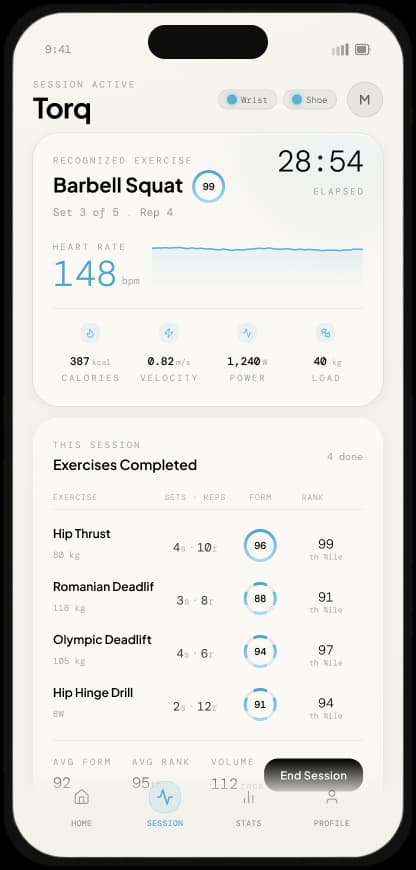 Torq app showing a live barbell squat session